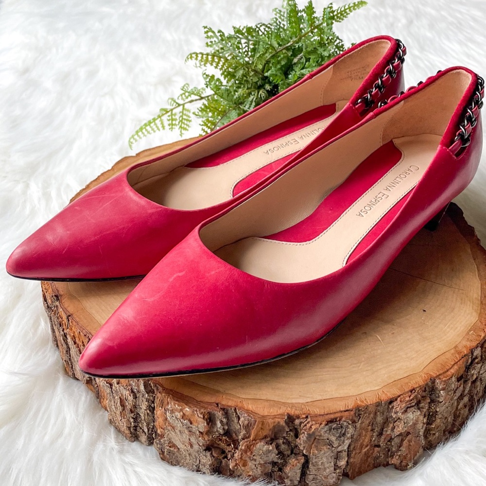 Carolinna Espinosa Cadence Red Leather Pointed Toe Chain Flats Heel Shoes 7.5 - Picture 2 of 8